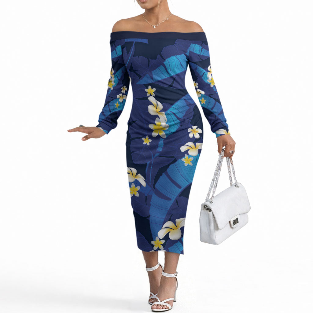 Teal Purple Banana Leaf Hawaii Off The Shoulder Long Sleeve Dress Lau Maia Plumeria Tropical Summer Vibes LT14 Women Teal Purple - Polynesian Pride