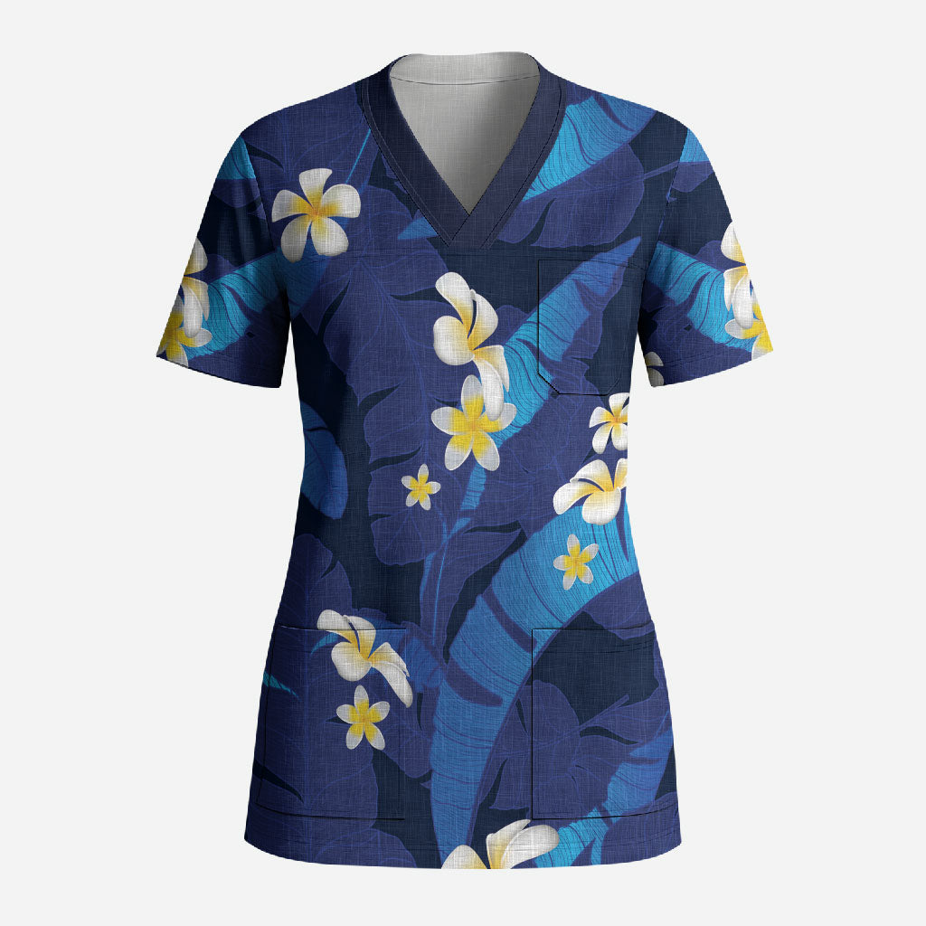 Teal Purple Banana Leaf Hawaii Scrub Top Lau Maia Plumeria Tropical Summer Vibes LT14 Adult Teal Purple - Polynesian Pride