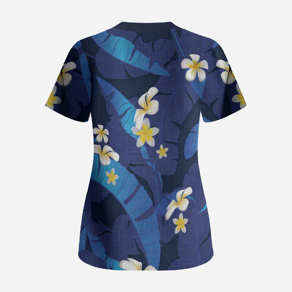 Teal Purple Banana Leaf Hawaii Scrub Top Lau Maia Plumeria Tropical Summer Vibes LT14 - Polynesian Pride