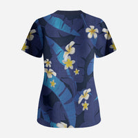 Teal Purple Banana Leaf Hawaii Scrub Top Lau Maia Plumeria Tropical Summer Vibes LT14 - Polynesian Pride