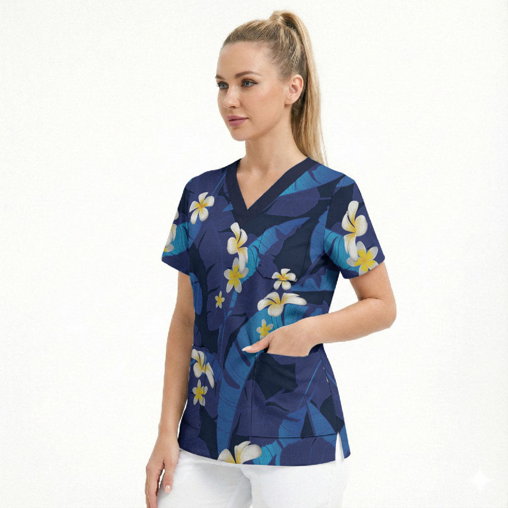 Teal Purple Banana Leaf Hawaii Scrub Top Lau Maia Plumeria Tropical Summer Vibes LT14 - Polynesian Pride