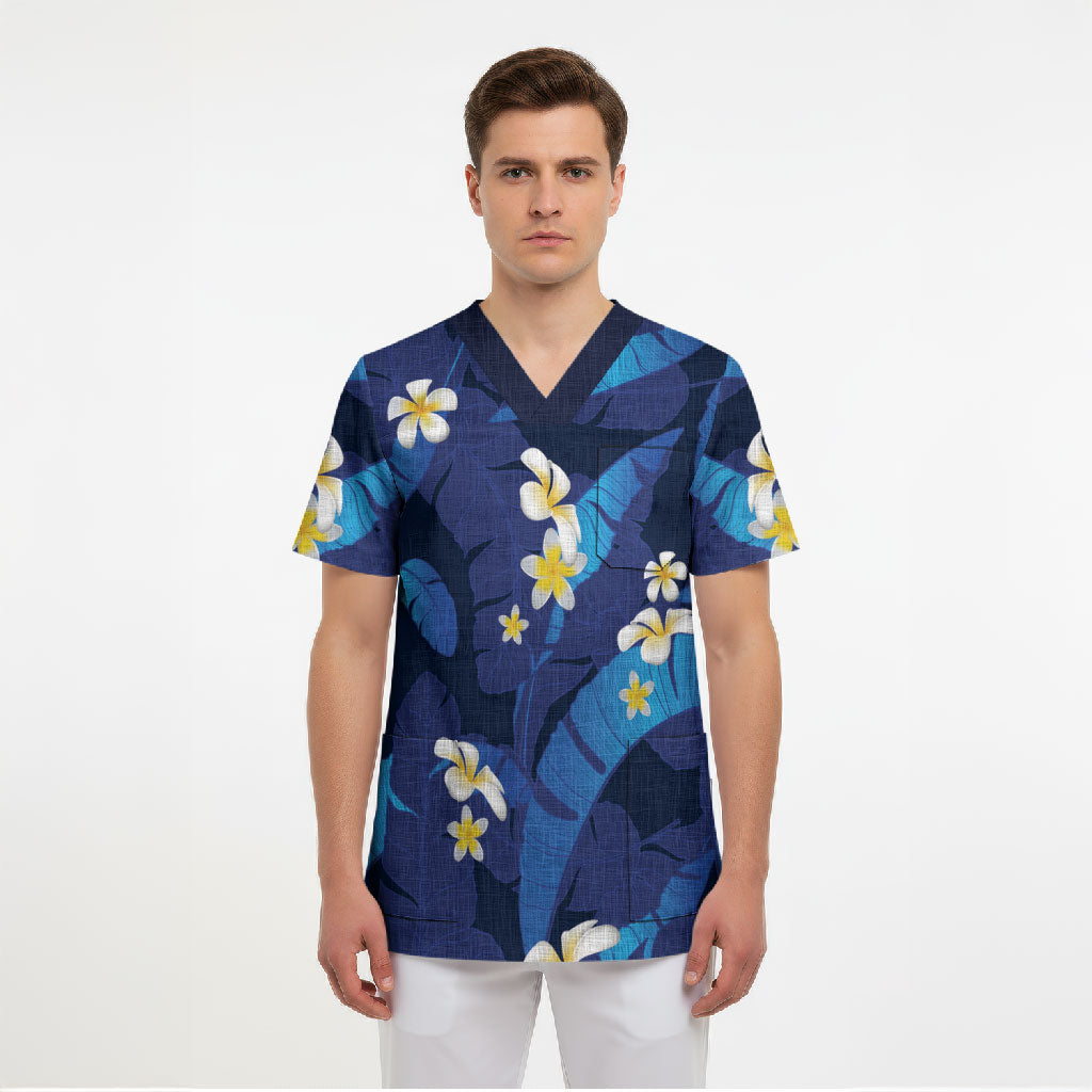 Teal Purple Banana Leaf Hawaii Scrub Top Lau Maia Plumeria Tropical Summer Vibes LT14 - Polynesian Pride