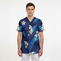 Teal Purple Banana Leaf Hawaii Scrub Top Lau Maia Plumeria Tropical Summer Vibes LT14 - Polynesian Pride