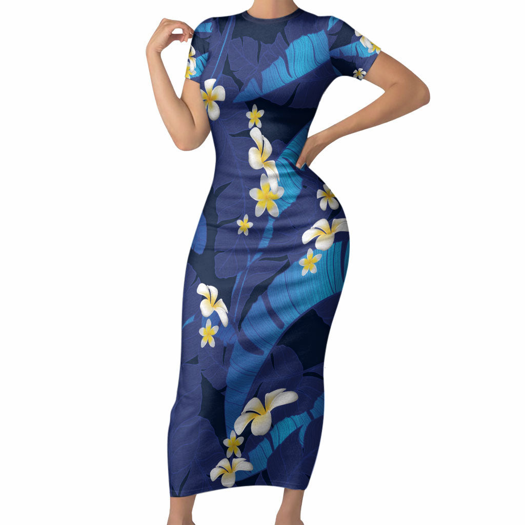 Teal Purple Banana Leaf Hawaii Short Sleeve Bodycon Dress Lau Maia Plumeria Tropical Summer Vibes LT14 Long Dress Teal Purple - Polynesian Pride
