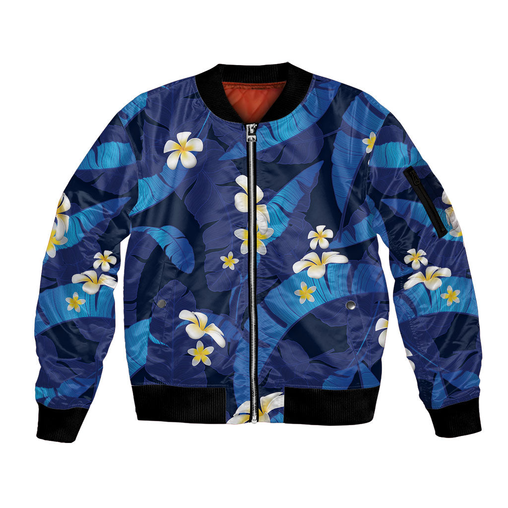 Teal Purple Banana Leaf Hawaii Sleeve Zip Bomber Jacket Lau Maia Plumeria Tropical Summer Vibes LT14 Unisex Teal Purple - Polynesian Pride