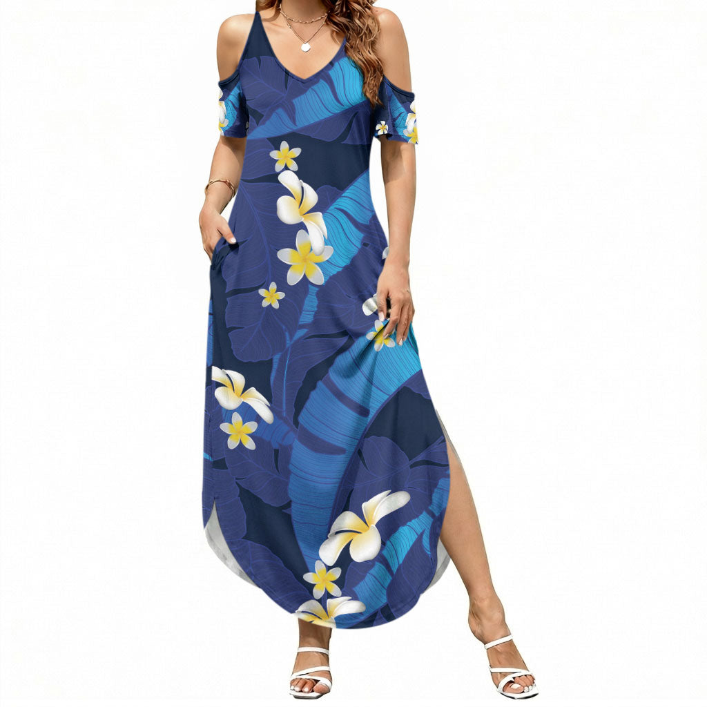 Teal Purple Banana Leaf Hawaii Summer Maxi Dress Lau Maia Plumeria Tropical Summer Vibes LT14 Women Teal Purple - Polynesian Pride