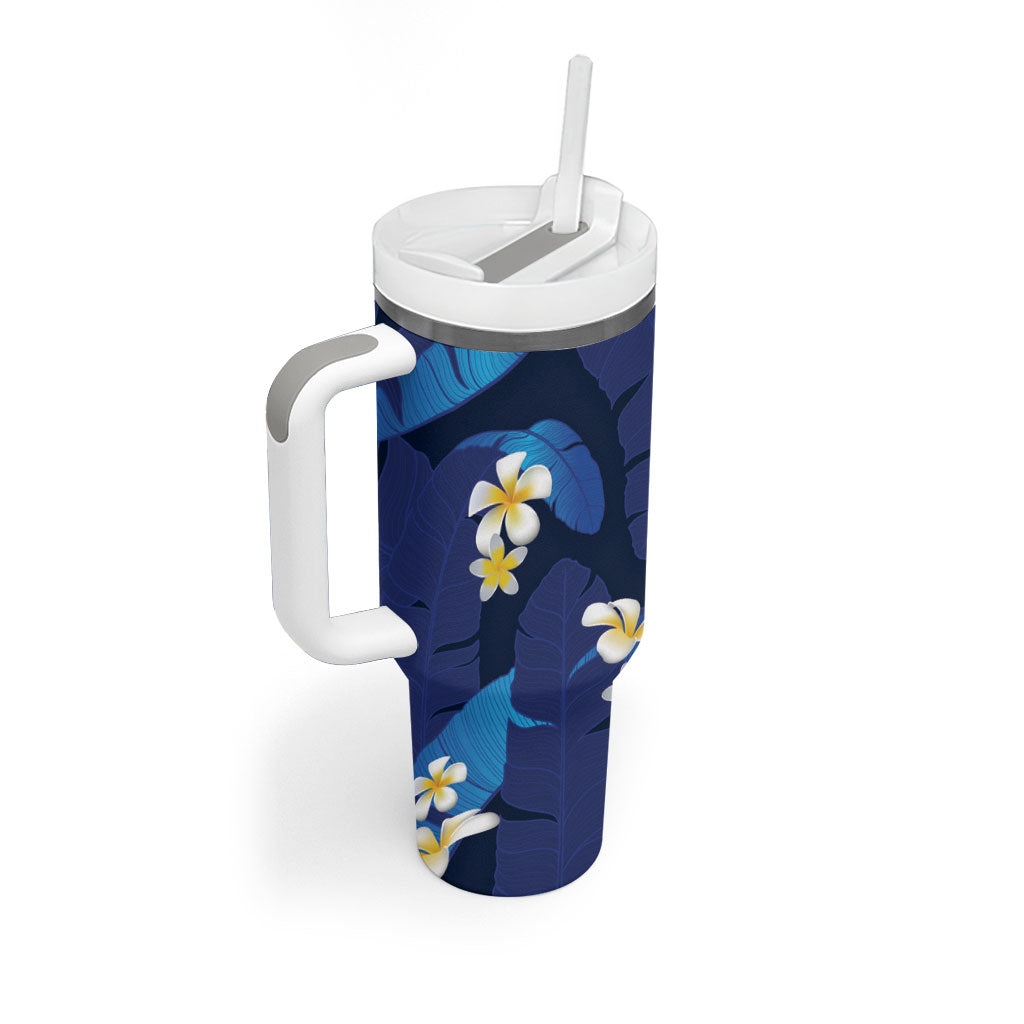 Teal Purple Banana Leaf Hawaii Tumbler With Handle Lau Maia Plumeria Tropical Summer Vibes LT14 - Polynesian Pride