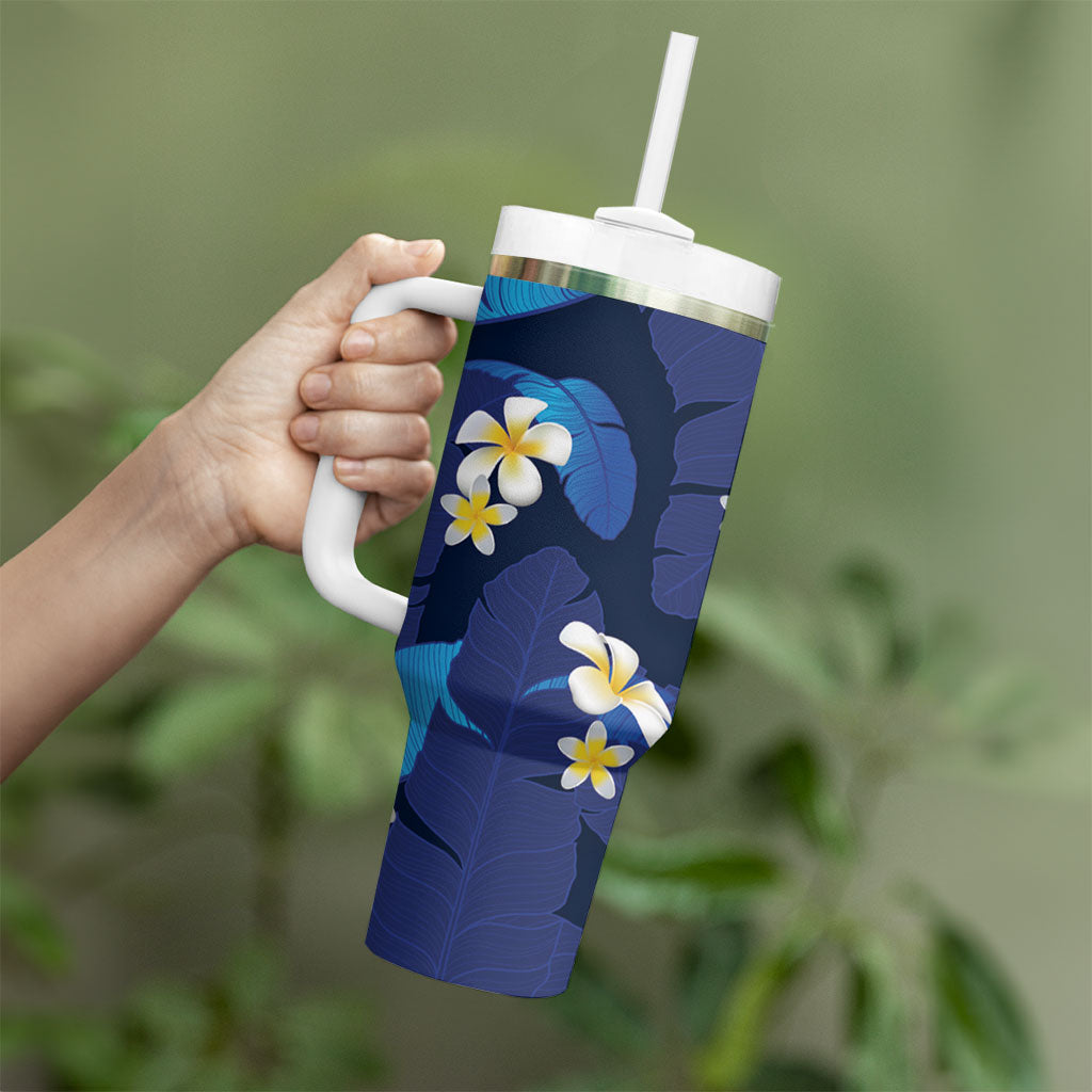 Teal Purple Banana Leaf Hawaii Tumbler With Handle Lau Maia Plumeria Tropical Summer Vibes LT14 - Polynesian Pride