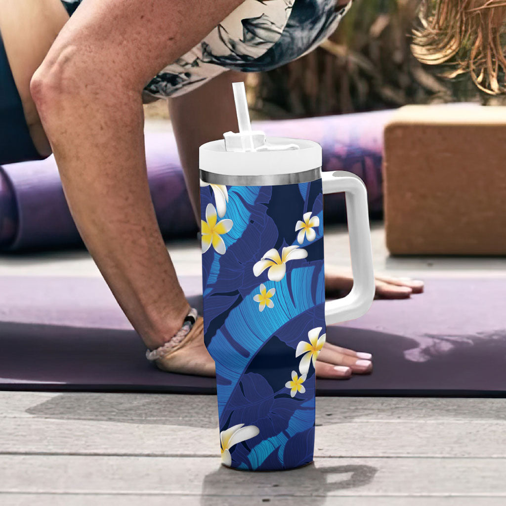 Teal Purple Banana Leaf Hawaii Tumbler With Handle Lau Maia Plumeria Tropical Summer Vibes LT14 - Polynesian Pride