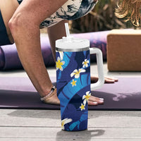 Teal Purple Banana Leaf Hawaii Tumbler With Handle Lau Maia Plumeria Tropical Summer Vibes LT14 - Polynesian Pride