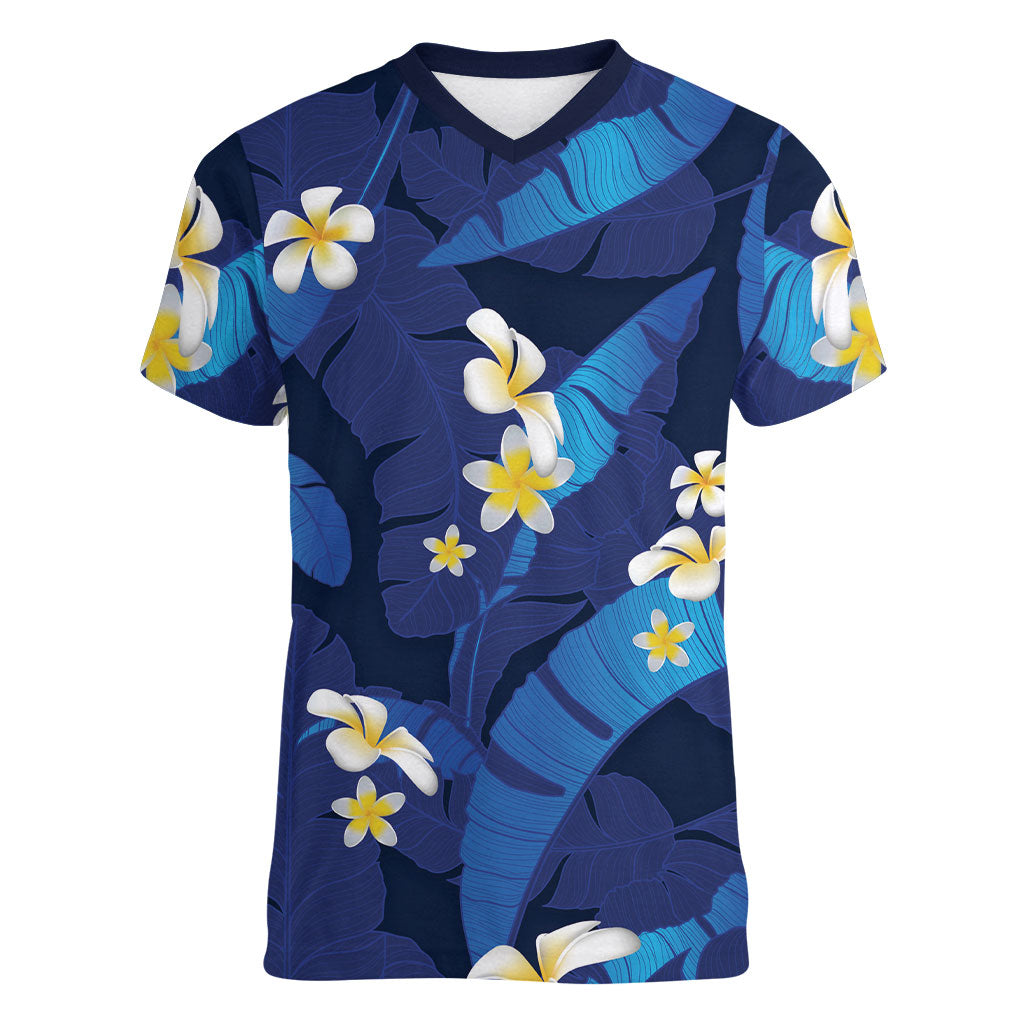 Teal Purple Banana Leaf Hawaii Women V-Neck T-Shirt Lau Maia Plumeria Tropical Summer Vibes LT14 Female Teal Purple - Polynesian Pride