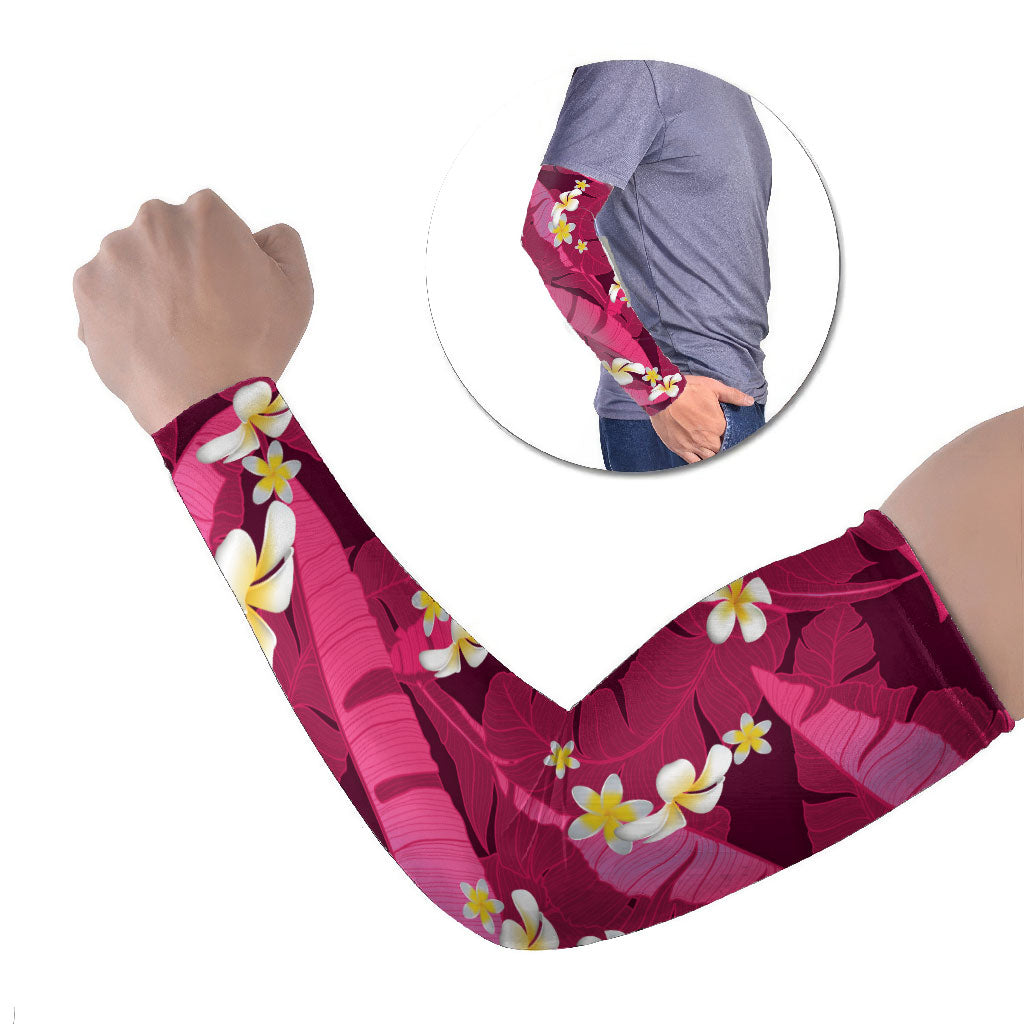 Pink Banana Leaf Hawaii Arm Sleeves Lau Maia Plumeria Tropical Summer Vibes LT14 Set of 2 Pink - Polynesian Pride