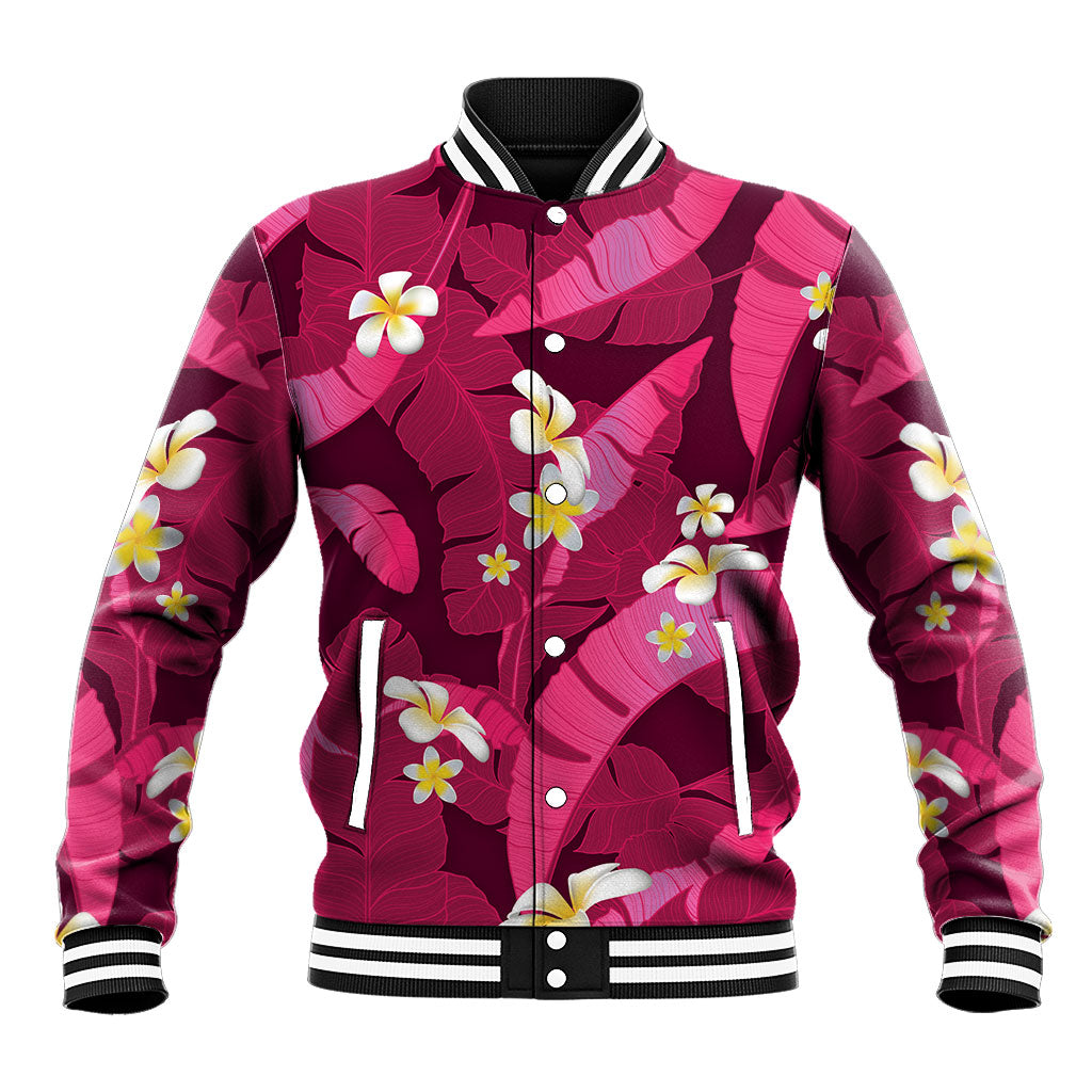Pink Banana Leaf Hawaii Baseball Jacket Lau Maia Plumeria Tropical Summer Vibes LT14 Unisex Pink - Polynesian Pride