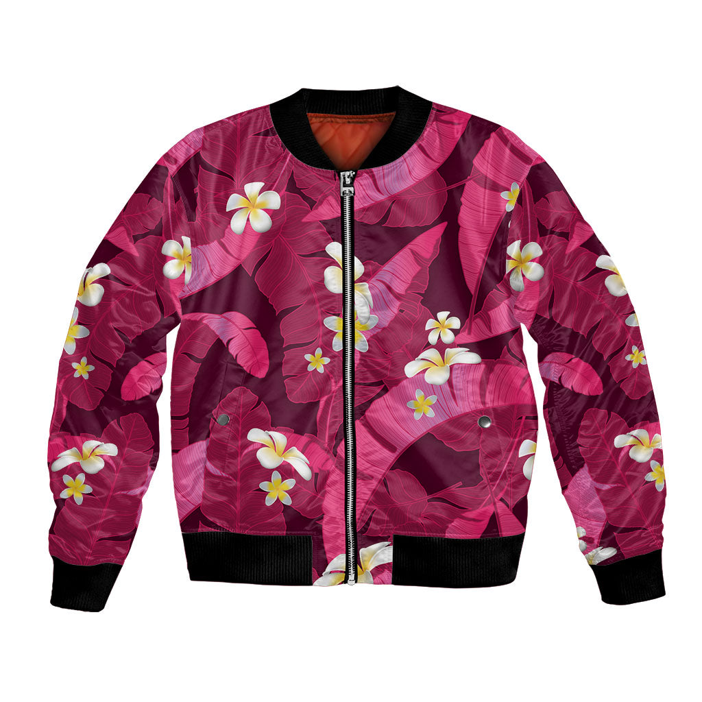 Pink Banana Leaf Hawaii Bomber Jacket Lau Maia Plumeria Tropical Summer Vibes LT14 Unisex Pink - Polynesian Pride
