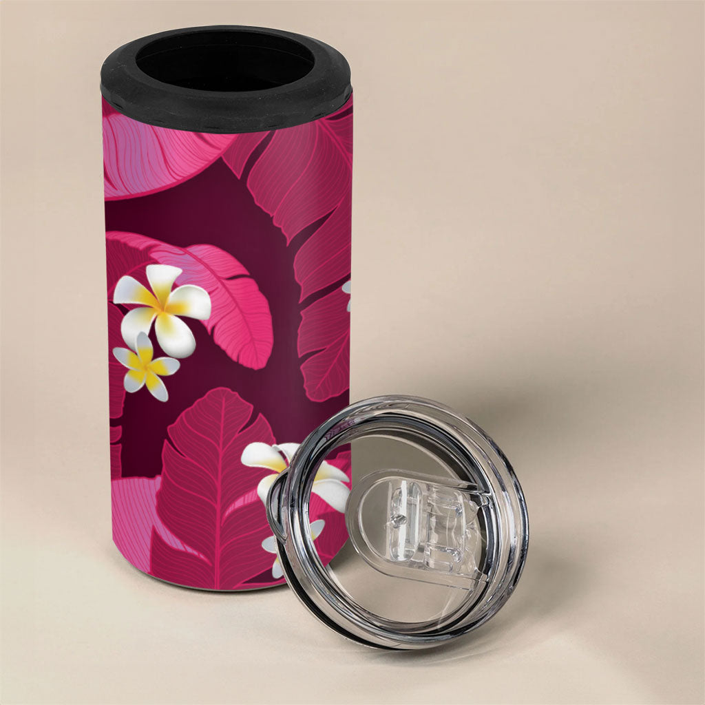 Pink Banana Leaf Hawaii 4 in 1 Can Cooler Tumbler Lau Maia Plumeria Tropical Summer Vibes LT14 - Polynesian Pride