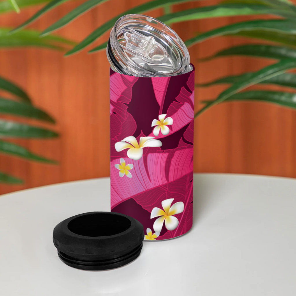 Pink Banana Leaf Hawaii 4 in 1 Can Cooler Tumbler Lau Maia Plumeria Tropical Summer Vibes LT14 - Polynesian Pride