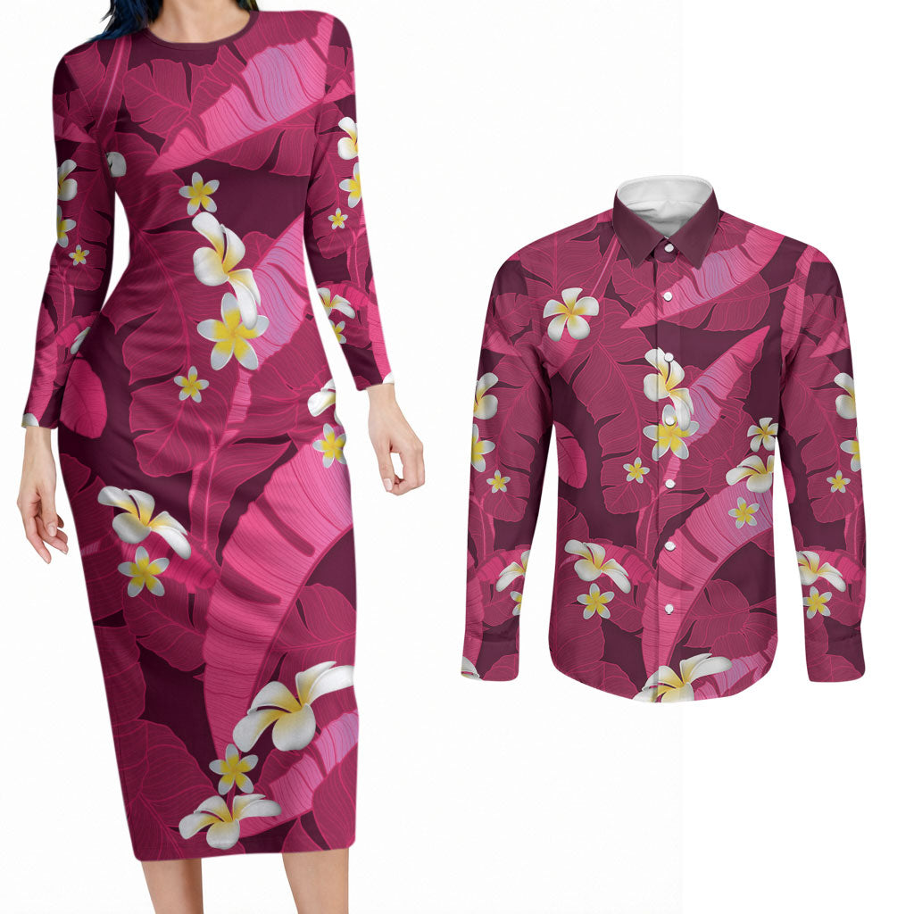 Pink Banana Leaf Hawaii Couples Matching Long Sleeve Bodycon Dress and Long Sleeve Button Shirt Lau Maia Plumeria Tropical Summer Vibes LT14 Pink - Polynesian Pride