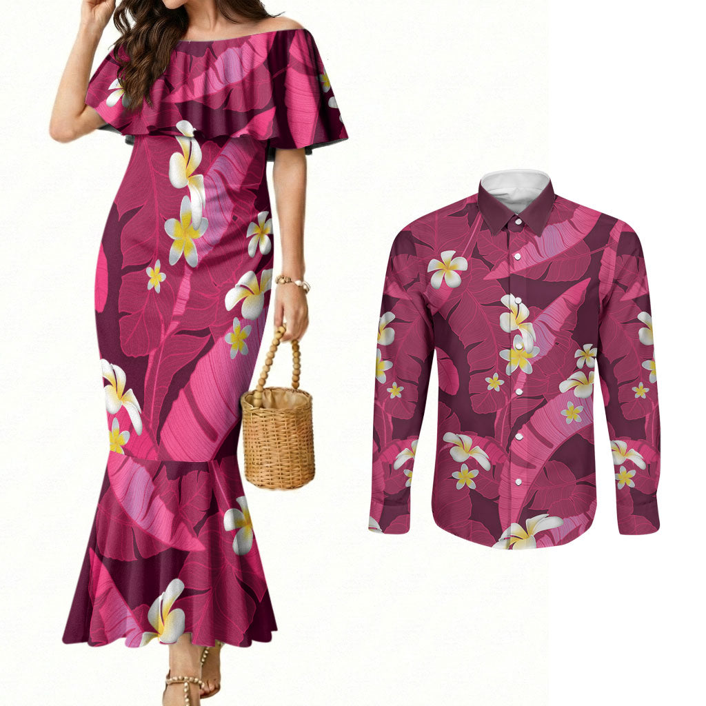 Pink Banana Leaf Hawaii Couples Matching Mermaid Dress and Long Sleeve Button Shirt Lau Maia Plumeria Tropical Summer Vibes LT14 Pink - Polynesian Pride