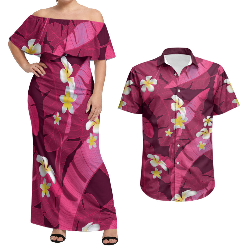 Pink Banana Leaf Hawaii Couples Matching Off Shoulder Maxi Dress and Hawaiian Shirt Lau Maia Plumeria Tropical Summer Vibes LT14 Pink - Polynesian Pride