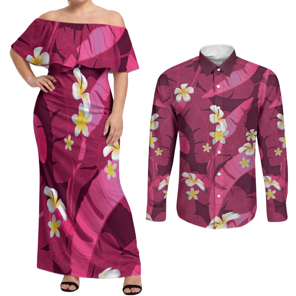 Pink Banana Leaf Hawaii Couples Matching Off Shoulder Maxi Dress and Long Sleeve Button Shirt Lau Maia Plumeria Tropical Summer Vibes LT14 Pink - Polynesian Pride