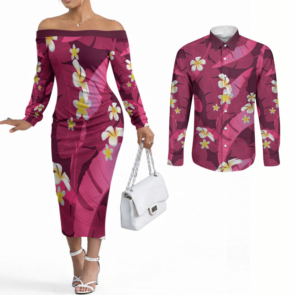 Pink Banana Leaf Hawaii Couples Matching Off The Shoulder Long Sleeve Dress and Long Sleeve Button Shirt Lau Maia Plumeria Tropical Summer Vibes LT14 Pink - Polynesian Pride