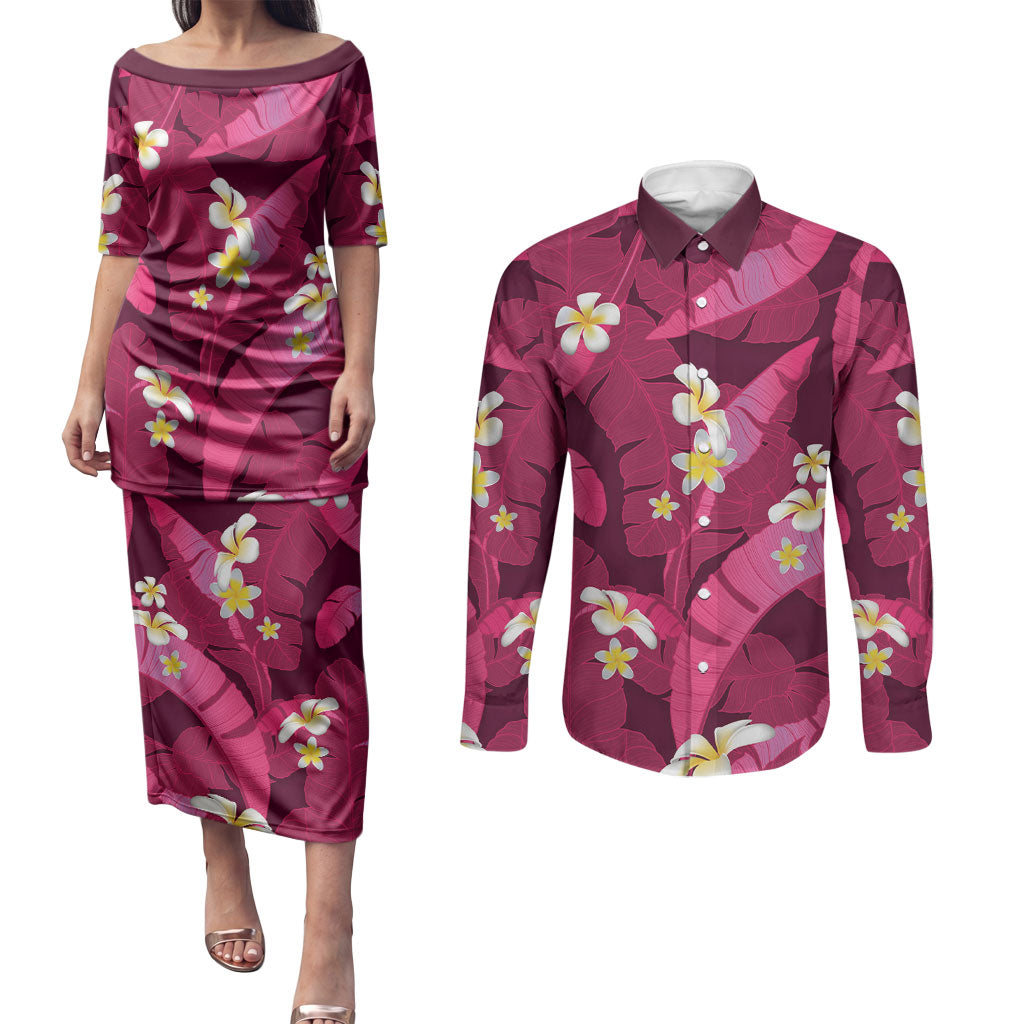 Pink Banana Leaf Hawaii Couples Matching Puletasi and Long Sleeve Button Shirt Lau Maia Plumeria Tropical Summer Vibes LT14 Pink - Polynesian Pride