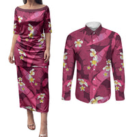 Pink Banana Leaf Hawaii Couples Matching Puletasi and Long Sleeve Button Shirt Lau Maia Plumeria Tropical Summer Vibes LT14 Pink - Polynesian Pride