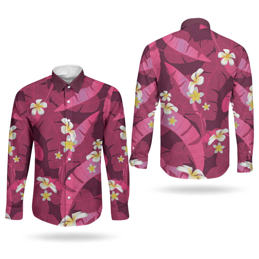 Pink Banana Leaf Hawaii Couples Matching Puletasi and Long Sleeve Button Shirt Lau Maia Plumeria Tropical Summer Vibes LT14 - Polynesian Pride