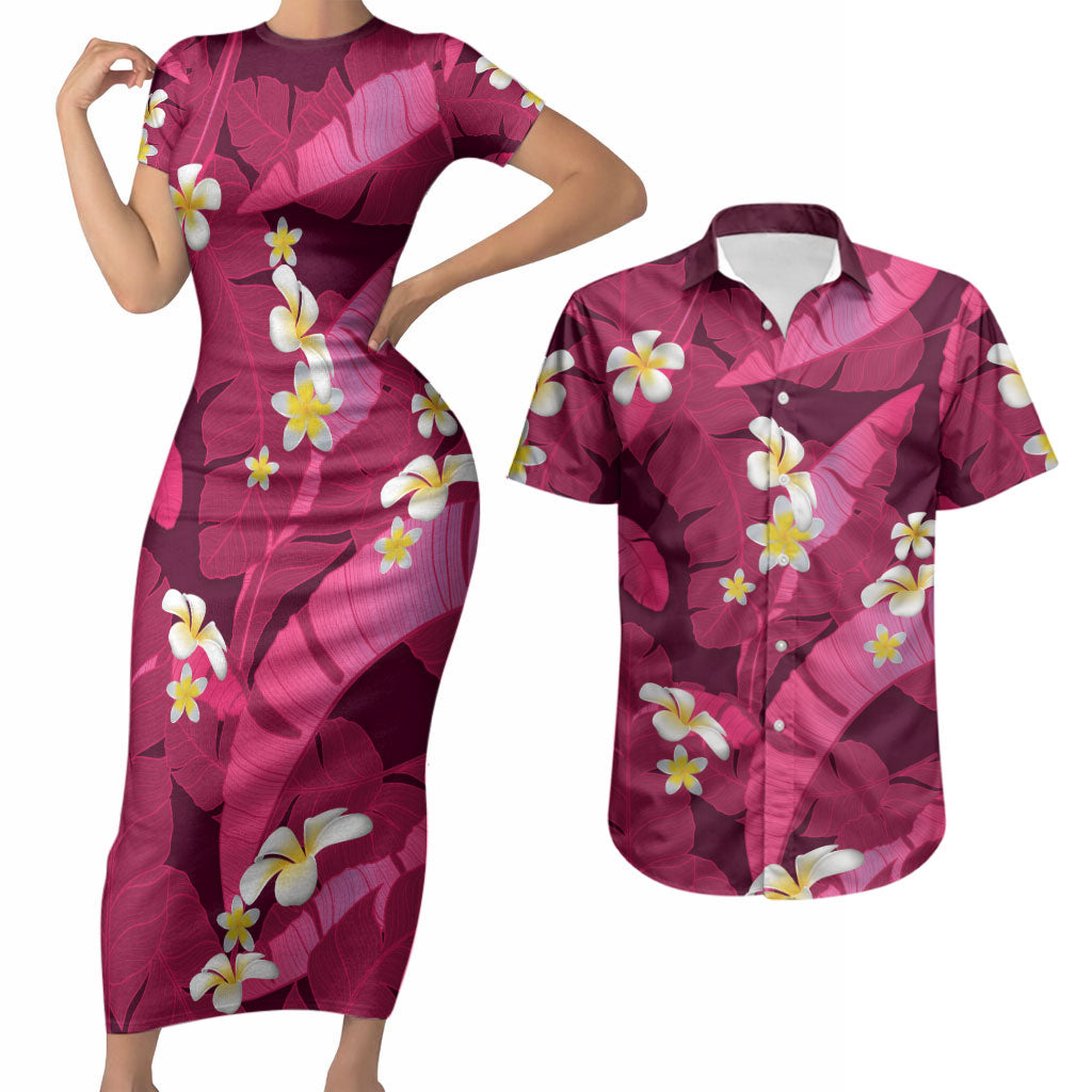 Pink Banana Leaf Hawaii Couples Matching Short Sleeve Bodycon Dress and Hawaiian Shirt Lau Maia Plumeria Tropical Summer Vibes LT14 Pink - Polynesian Pride