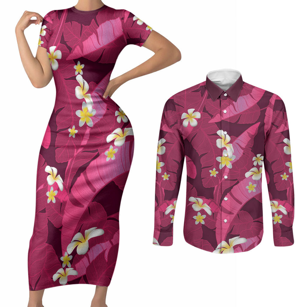 Pink Banana Leaf Hawaii Couples Matching Short Sleeve Bodycon Dress and Long Sleeve Button Shirt Lau Maia Plumeria Tropical Summer Vibes LT14 Pink - Polynesian Pride