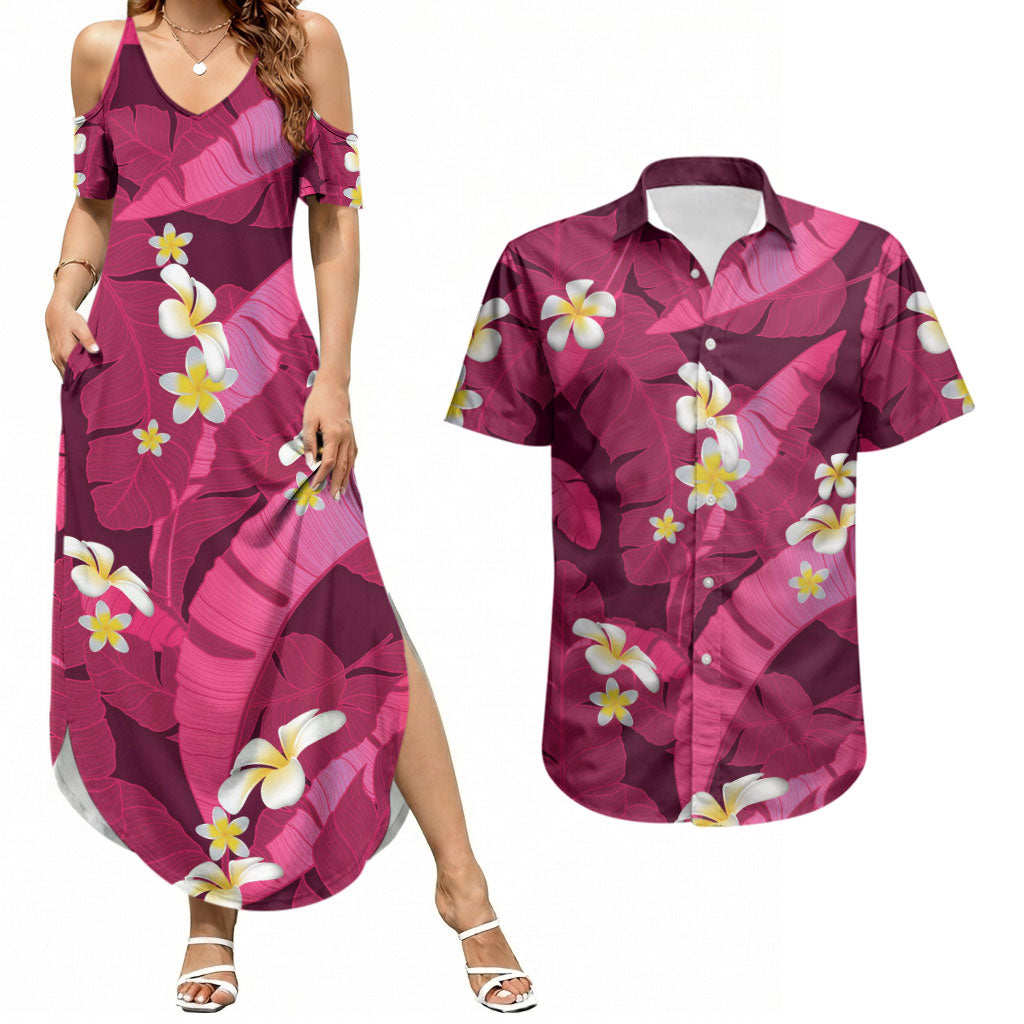 Pink Banana Leaf Hawaii Couples Matching Summer Maxi Dress and Hawaiian Shirt Lau Maia Plumeria Tropical Summer Vibes LT14 Pink - Polynesian Pride