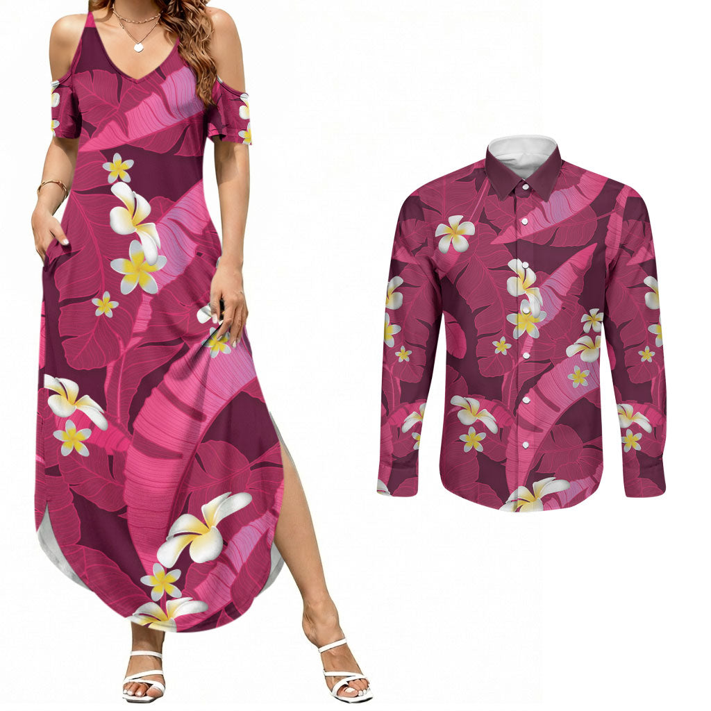 Pink Banana Leaf Hawaii Couples Matching Summer Maxi Dress and Long Sleeve Button Shirt Lau Maia Plumeria Tropical Summer Vibes LT14 Pink - Polynesian Pride