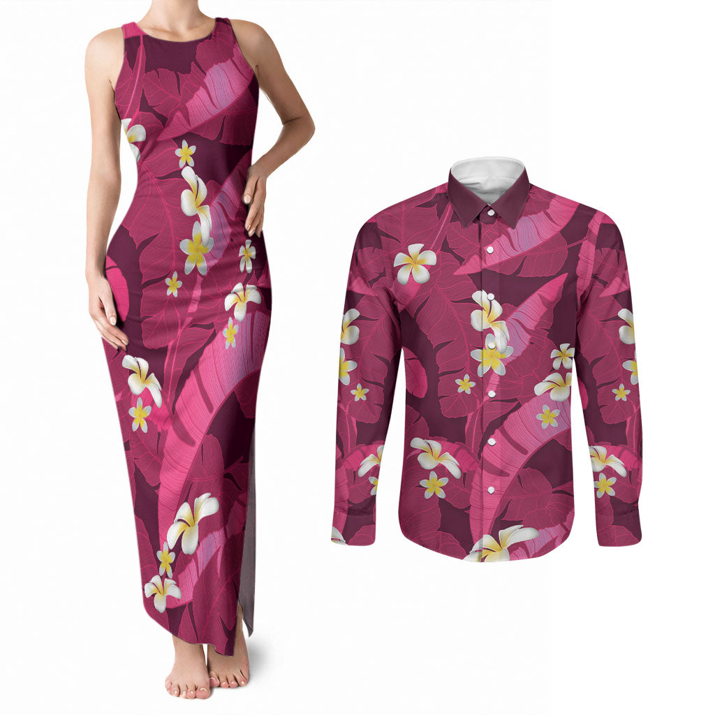 Pink Banana Leaf Hawaii Couples Matching Tank Maxi Dress and Long Sleeve Button Shirt Lau Maia Plumeria Tropical Summer Vibes LT14 Pink - Polynesian Pride