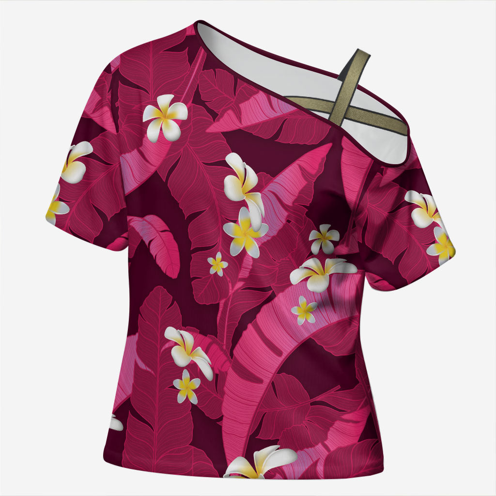 Pink Banana Leaf Hawaii Cross Shoulder Shirt Lau Maia Plumeria Tropical Summer Vibes LT14 Female Pink - Polynesian Pride