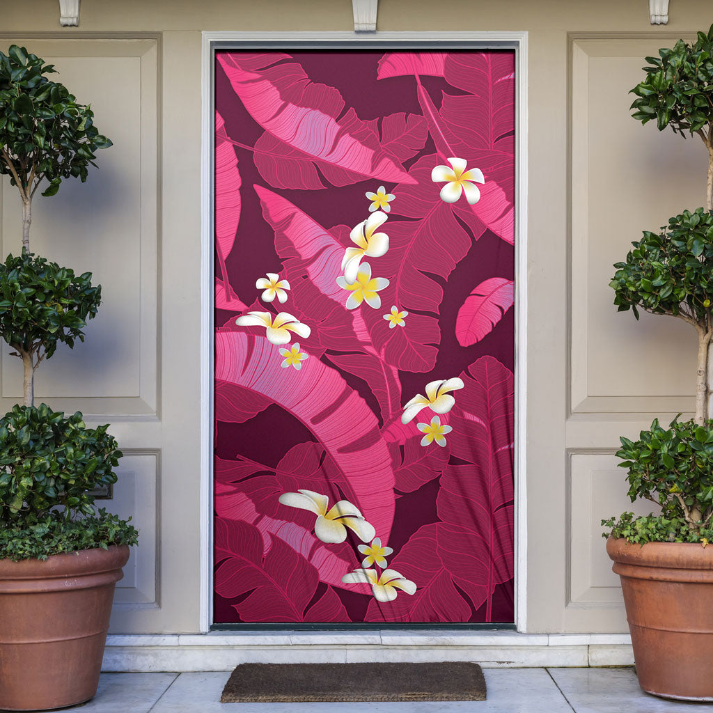 Pink Banana Leaf Hawaii Door Cover Lau Maia Plumeria Tropical Summer Vibes LT14 Pink - Polynesian Pride