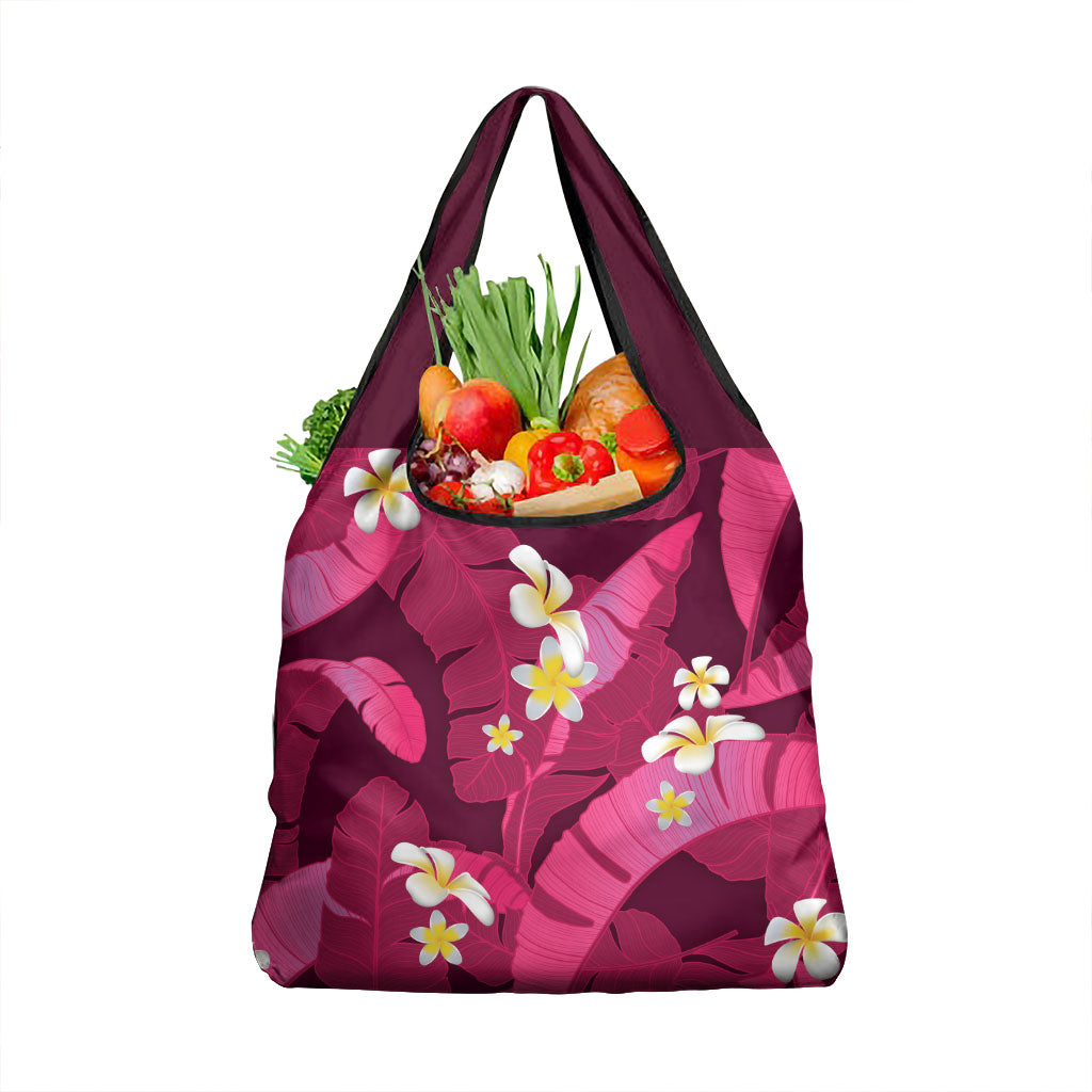 Pink Banana Leaf Hawaii Grocery Bag Lau Maia Plumeria Tropical Summer Vibes LT14 1-pack One Size Pink - Polynesian Pride