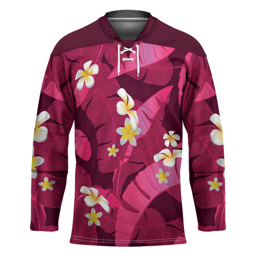 Pink Banana Leaf Hawaii Hockey Jersey Lau Maia Plumeria Tropical Summer Vibes LT14 Unisex Pink - Polynesian Pride