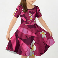 Pink Banana Leaf Hawaii Kid Short Sleeve Dress Lau Maia Plumeria Tropical Summer Vibes LT14 KID Pink - Polynesian Pride