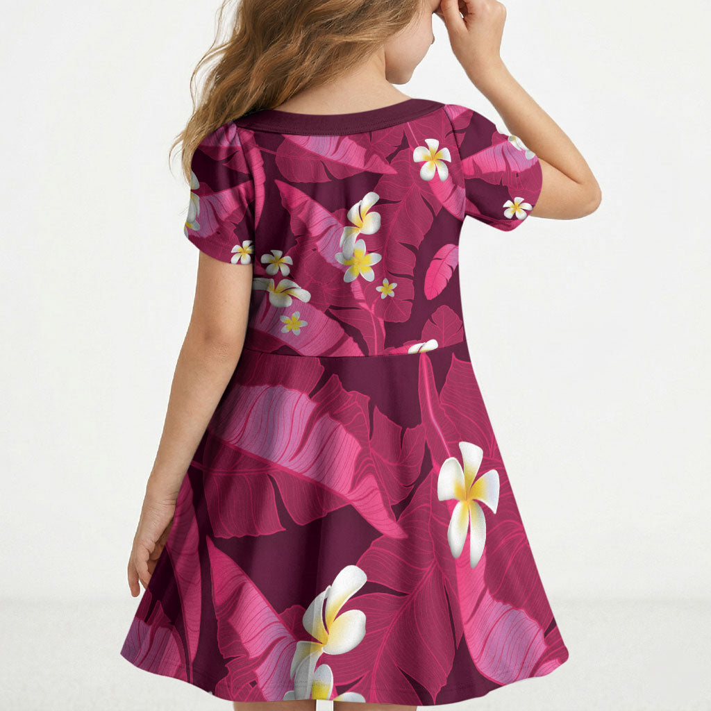 Pink Banana Leaf Hawaii Kid Short Sleeve Dress Lau Maia Plumeria Tropical Summer Vibes LT14 - Polynesian Pride