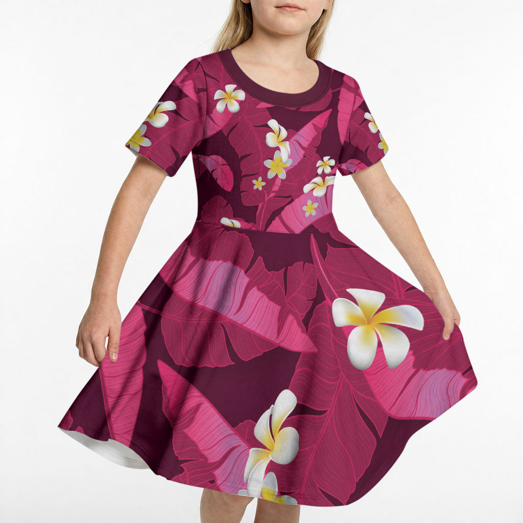 Pink Banana Leaf Hawaii Kid Short Sleeve Dress Lau Maia Plumeria Tropical Summer Vibes LT14 - Polynesian Pride