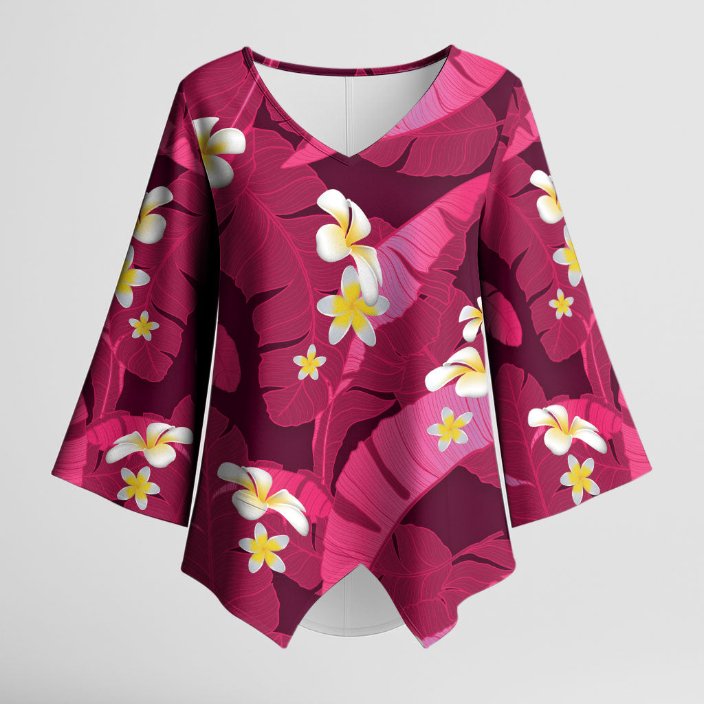 Pink Banana Leaf Hawaii Kimono Sleeve Blouse Lau Maia Plumeria Tropical Summer Vibes LT14 Female Pink - Polynesian Pride