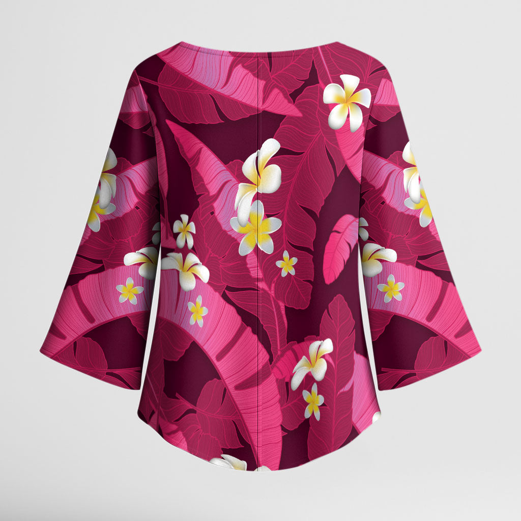 Pink Banana Leaf Hawaii Kimono Sleeve Blouse Lau Maia Plumeria Tropical Summer Vibes LT14 - Polynesian Pride