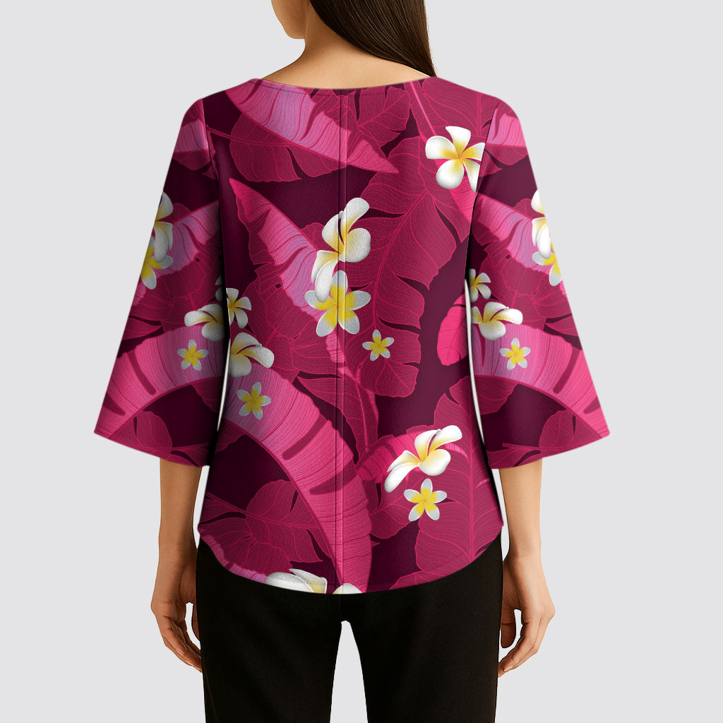 Pink Banana Leaf Hawaii Kimono Sleeve Blouse Lau Maia Plumeria Tropical Summer Vibes LT14 - Polynesian Pride