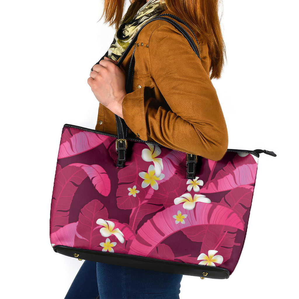 Pink Banana Leaf Hawaii Leather Tote Bag Lau Maia Plumeria Tropical Summer Vibes LT14 Pink - Polynesian Pride