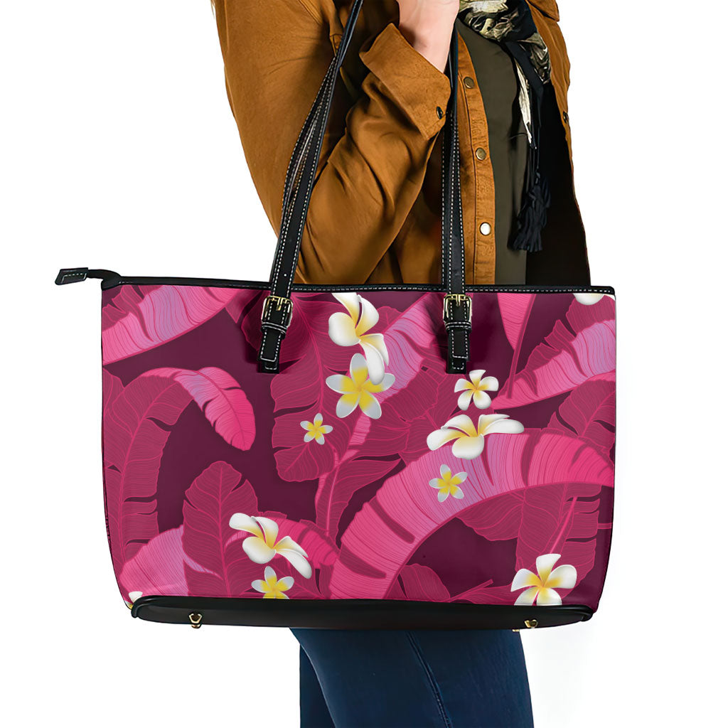 Pink Banana Leaf Hawaii Leather Tote Bag Lau Maia Plumeria Tropical Summer Vibes LT14 - Polynesian Pride