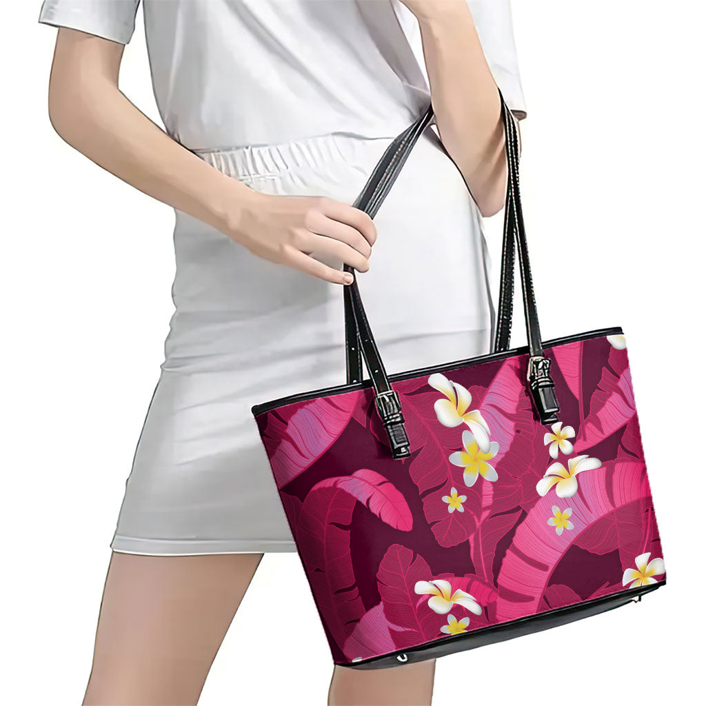 Pink Banana Leaf Hawaii Leather Tote Bag Lau Maia Plumeria Tropical Summer Vibes LT14 - Polynesian Pride