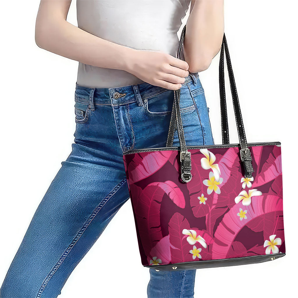 Pink Banana Leaf Hawaii Leather Tote Bag Lau Maia Plumeria Tropical Summer Vibes LT14 - Polynesian Pride