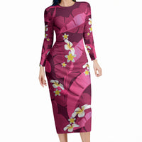 Pink Banana Leaf Hawaii Long Sleeve Bodycon Dress Lau Maia Plumeria Tropical Summer Vibes LT14 Long Dress Pink - Polynesian Pride