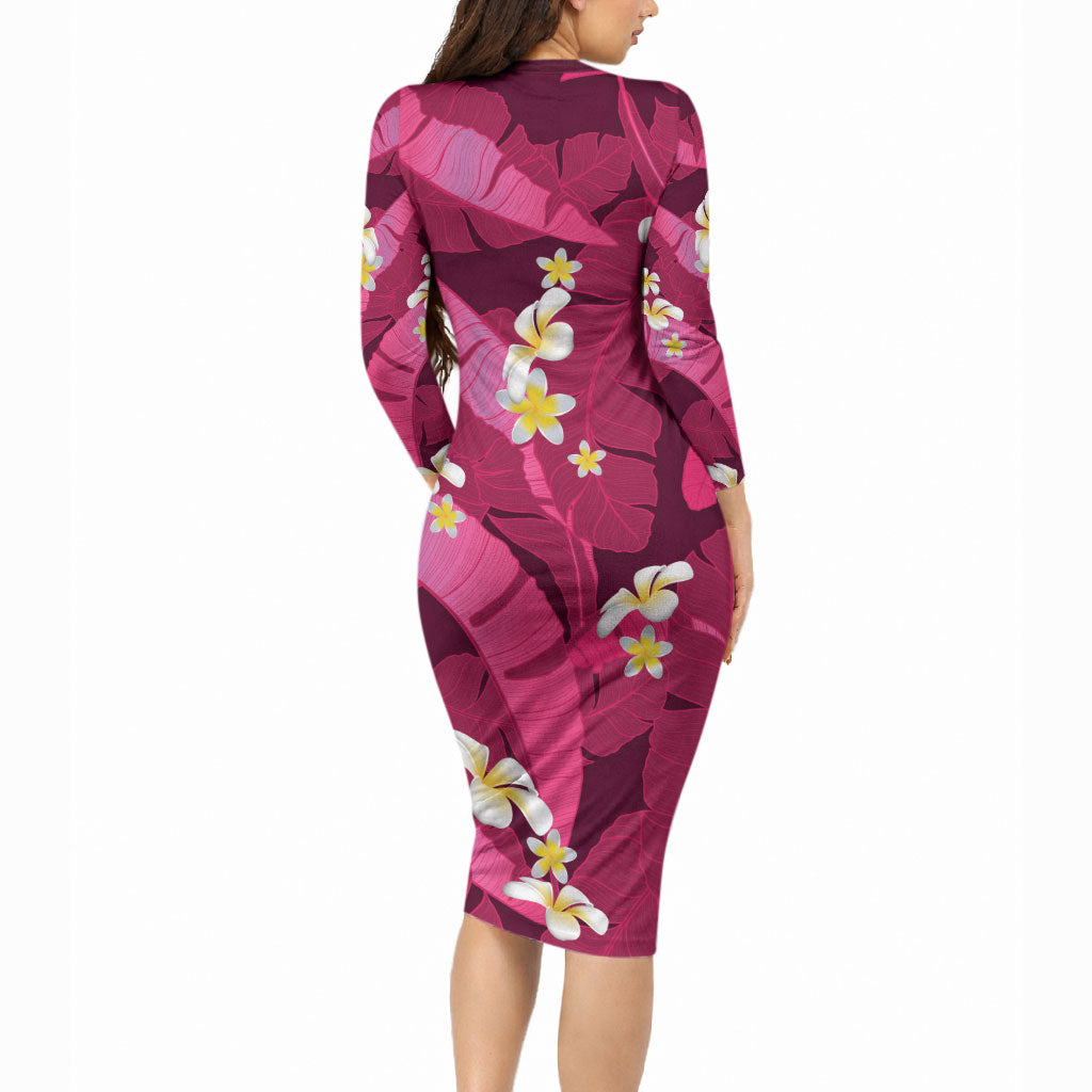 Pink Banana Leaf Hawaii Long Sleeve Bodycon Dress Lau Maia Plumeria Tropical Summer Vibes LT14 - Polynesian Pride