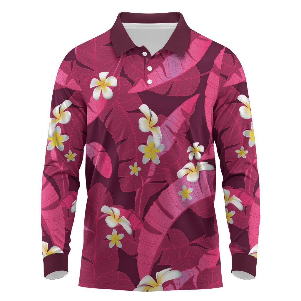 Pink Banana Leaf Hawaii Long Sleeve Polo Shirt Lau Maia Plumeria Tropical Summer Vibes LT14 Pink - Polynesian Pride